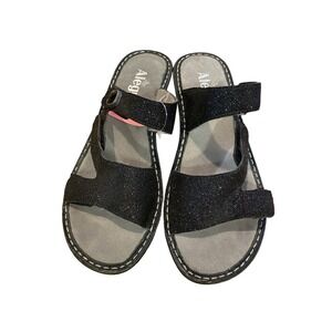 Alegria Black Shimmer Wedge Sandals Womens Adjustable Straps Comfort Slides
